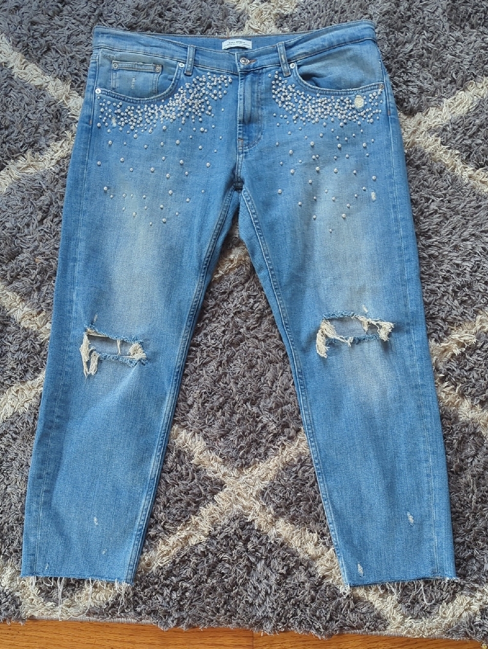 Zara Light Blue Pearl-Embellished Cropped Denim Distressed Jeans